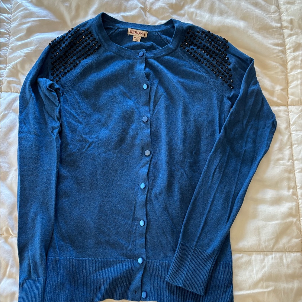 Merona Blue Cardigan with Black Beaded Shoulders size XS